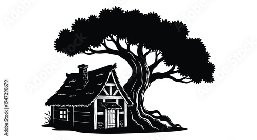 A quaint cottage nestled beneath a large sprawling tree is depicted in a striking black silhouette high quality professional detailed modern