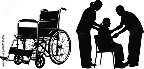Wheelchair assistance silhouettes, caregiving support vector illustration, healthcare aid concept, medical care teamwork, patient mobility help, eldercare compassion artwork