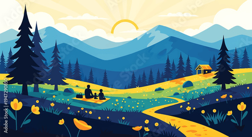 Family sitting on picnic blanket in mountain valley with yellow flowers and pine trees during sunrise vector illustration of outdoor summer vacation