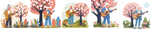 vector of a happy grandma standing playing guitar in spring