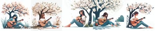 vector of a enjoy woman sitting on tree playing guitar in spring