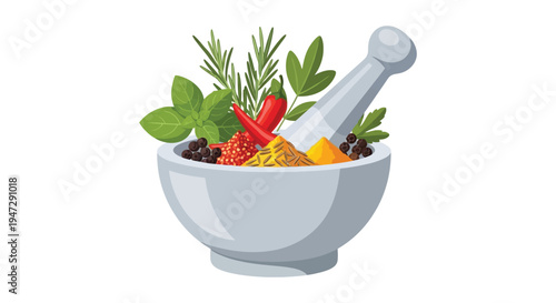 A vibrant still life showcasing fresh herbs spices and a mortar with pestle depicted as a silhouette high quality professional detailed