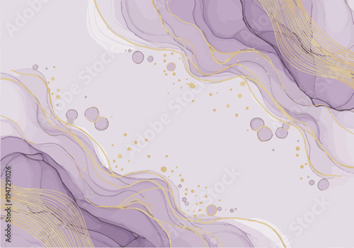 Lavender and gold abstract marble background with swirling patterns and dots