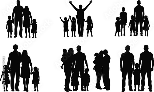 Family silhouette illustration with adults and children, black vector design showing diverse relationships, parenting, love, and togetherness styles