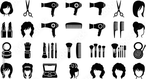 Set of Beauty and Hair Salon Silhouettes Including Scissors Hairdryers Makeup Brushes Lipsticks and Hairstyle Icons Isolated on White Background for Fashion Branding and Cosmetics