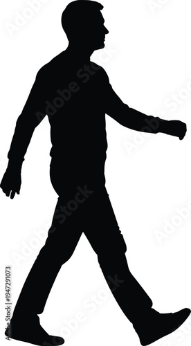 Silhouette of person walking forward, mid stride motion with swinging arms, human figure illustration representing posture and movement design