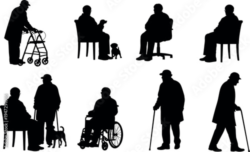 Black silhouette elderly people with dogs, walker, wheelchair, cane, seated figures, senior lifestyle artwork, healthcare and companionship illustration vector