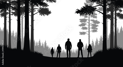 A family stands amongst tall trees in a dark forest creating a striking minimalist silhouette high quality professional detailed modern elegant