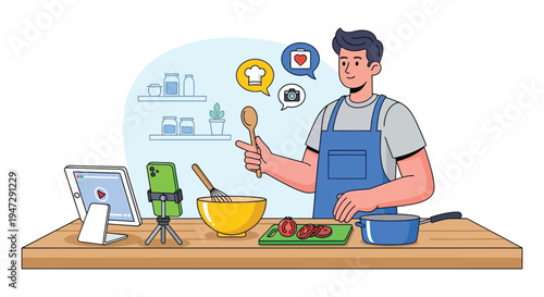 A young man cheerfully cooks while filming a recipe tutorial with various kitchen icons a vibrant illustration high quality professional detailed