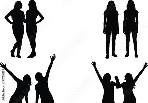 Human silhouettes in paired interactions, body language illustration, social connection design, communication concept