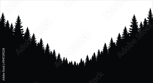Silhouetted evergreen trees form a v shape against a bright white background