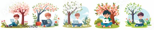vector of a little boy sitting outside with a laptop in spring