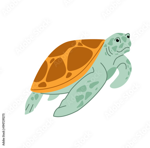 Cute  turtle with brown shell on white background. Summer kids character. Sea and ocean animal for nursery decor, maritime themes, and summer design.