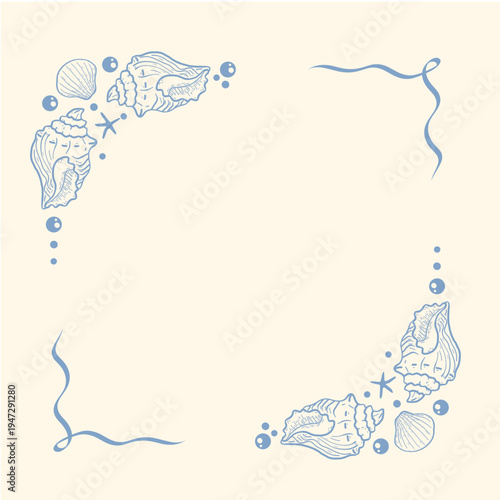 Square border template with blue line art sea shells, starfish and bubbles on beige background. Minimalist  nautical frame for invitations, cards, and summer sea designs