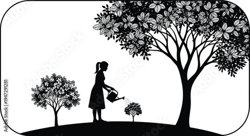Silhouette of person watering small tree with can, growth illustration featuring multiple trees symbolizing nurture, care and environmental stewardship