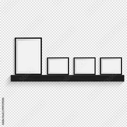 Black Photo Frames on Dark Wooden Picture Ledge Shelf Vector Mockup