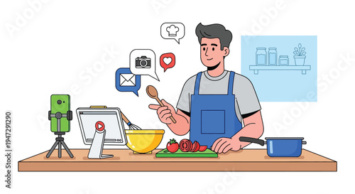 A young man cheerfully cooks while surrounded by digital devices and ingredients a vibrant illustration silhouette high quality professional detailed modern