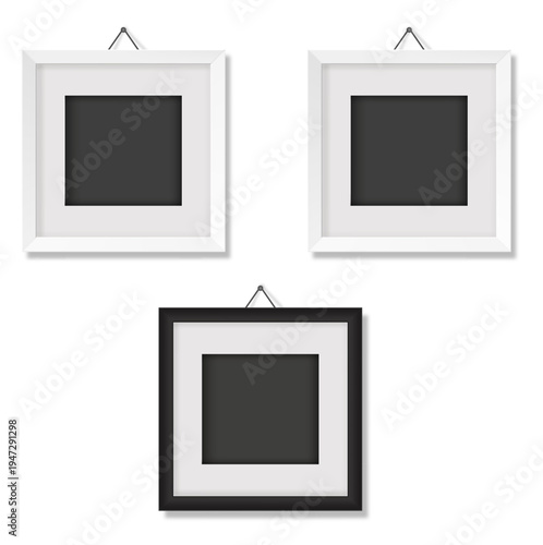 Realistic White and Black Square Hanging Picture Frames Vector Set