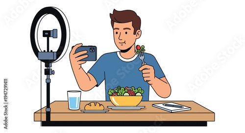 A young man records himself eating a salad with a ring light showcasing a modern lifestyle silhouette high quality professional detailed