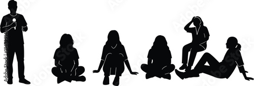 Silhouette of six people in casual group setting, standing speaker with microphone, seated figures, discussion, classroom, social gathering illustration