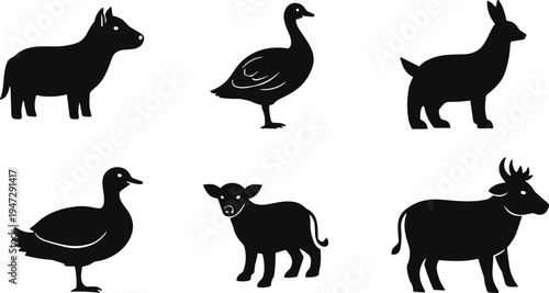 Farm animal silhouette illustration with horse, goose, llama, duck, lamb, cow, rural agriculture vector art design concept for stock content