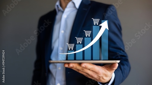 Sale growth concept. Businessman showing graph of increase in sales volume with shopping cart on virtual screen for ecommerce growth.