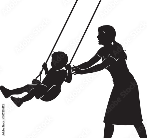 Woman pushing child on swing outdoors.