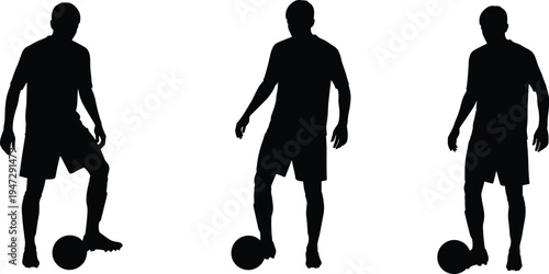 Soccer silhouettes illustration, players with ball poses, sports training concept, football vector art design, athletic activity representation, game stance