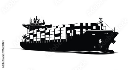 A striking black silhouette of a large container ship navigating calm waters emphasizing its industrial design silhouette high quality professional detailed