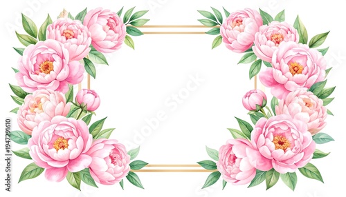 Pink peony floral frame. Gold square border on white background, with soft lighting
