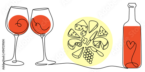 A bottle of sweet or dry red wine and glasses with a plate of cheese and grapes. For wine lovers. Traditional wine snacks. Idea for a poster, T-shirt print, or menu design. Vector outline illustration