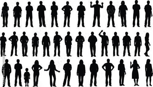 Human silhouettes in varied poses, standing, waving, casual gestures, child figure, expressive stances, diversity, lifestyle