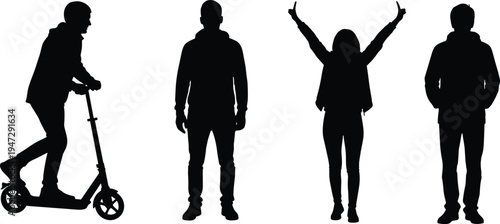 Human silhouettes in varied standing poses, scooter rider, celebratory gesture, relaxed posture, vector illustration design concept artwork