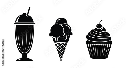 A collection of black silhouettes depicting a milkshake ice cream cone and cupcake offering a sweet treat aesthetic silhouette high quality
