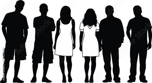 Human silhouettes of men and women standing together, gender representation diversity concept, black and white vector illustration design