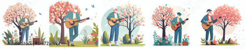 vector of a happy grandpa standing playing guitar in spring