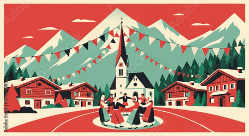 Traditional alpine village scene with people dancing in circle in front of church and snow covered mountains under red sky with festive bunting flags