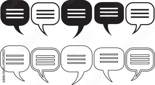 A collection of black and white speech bubbles with horizontal lines arranged in two rows on a plain white background for dialogue or text representation