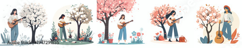 vector of a happy woman standing playing guitar in spring