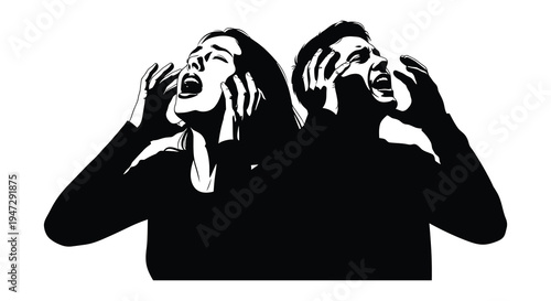 Two women express intense emotion with hands raised to their faces creating a striking visual silhouette high quality professional detailed modern