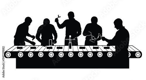 A black silhouette depicts factory workers operating an assembly line with conveyor belts showcasing industrial production silhouette high quality professional detailed