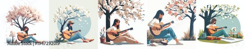 vector of a enjoy woman sitting on tree playing guitar in spring