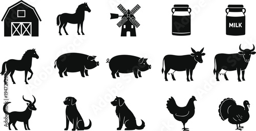 Farm silhouette illustration with barn, windmill, milk can, horse, pig, cow, goat, chicken, turkey, rural agriculture vector art design concept