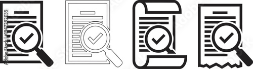 Document verification icons with magnifying glasses and checkmarks