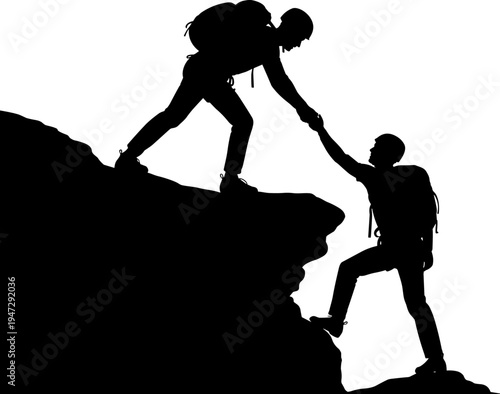 Silhouette, of, a, male, mountain, climber, reaching, down, to, help, his, partner, climb, a, steep, rocky, cliff, concept, of, teamwork, leadership, support, and, success.