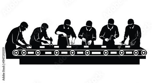 A black silhouette depicts six workers along a conveyor belt showcasing industrial labor and production processes silhouette high quality professional detailed