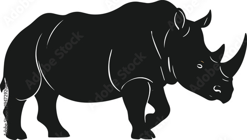 Stylized rhinoceros silhouette illustration in profile view with two horns, muscular body, thick legs, suitable for design, education, recognition
