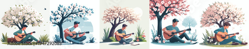 vector of a enjoy man sitting on tree playing guitar in spring