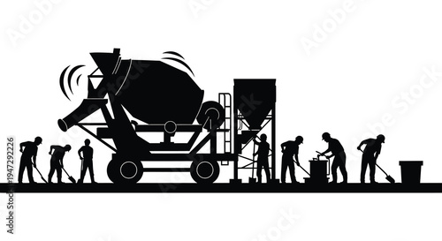 A striking black silhouette depicts construction workers and machinery including a cement mixer actively working on a site silhouette high quality