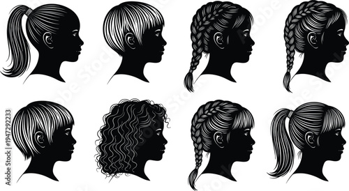 Female head silhouette vector illustration with diverse hairstyles, elegant black artwork, fashion design elements, decorative artistic composition, beauty concept